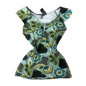 Y2K Bisou Bisou Women's XS Floral Cap Sleeve Keyhole Neck Top Green Blue